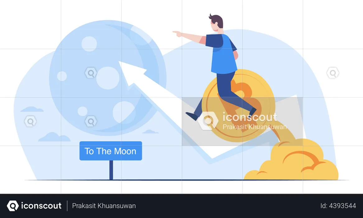 Man reaching to the moon by Bitcoin profit  Illustration