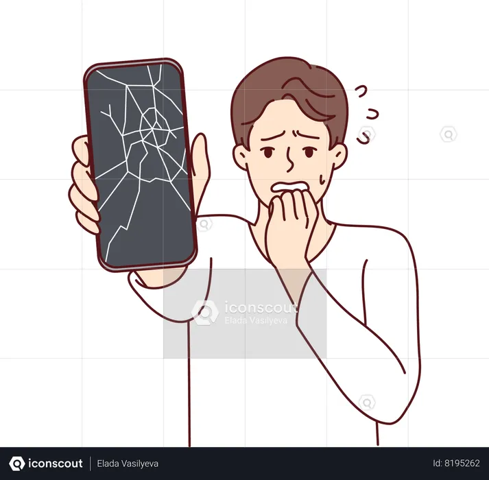 Man reacts to broken phone by bringing hand to mouth and experiencing shock due to breakdown  Illustration