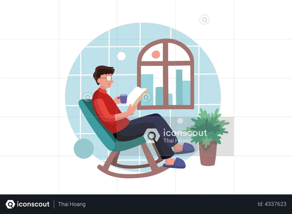 Man reading a book while sitting at home comfortably  Illustration