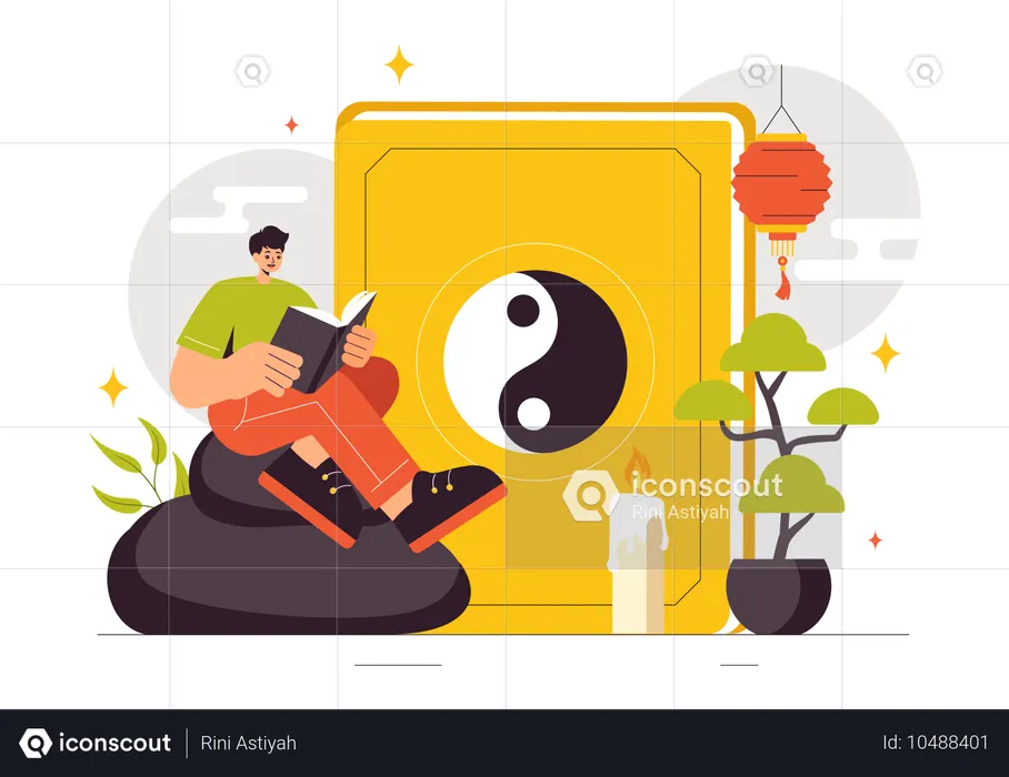 Man reading book about Feng Shui Elements  Illustration