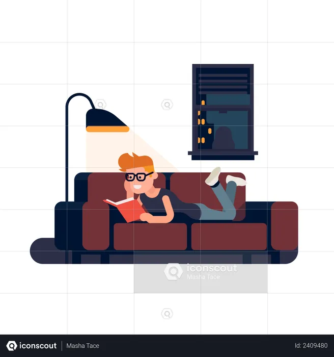 Man reading book on a couch at night  Illustration