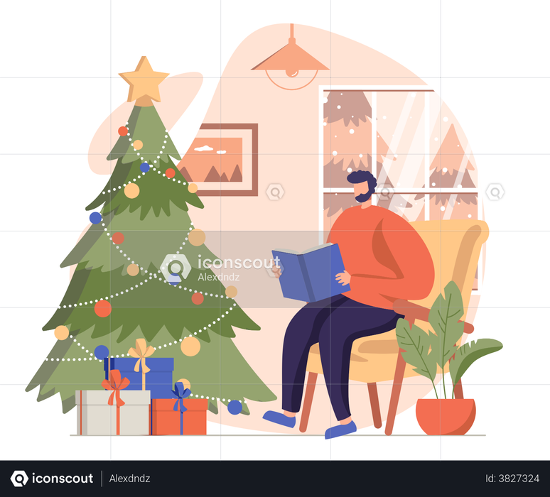 Man Reading Book On Christmas Eve Illustration