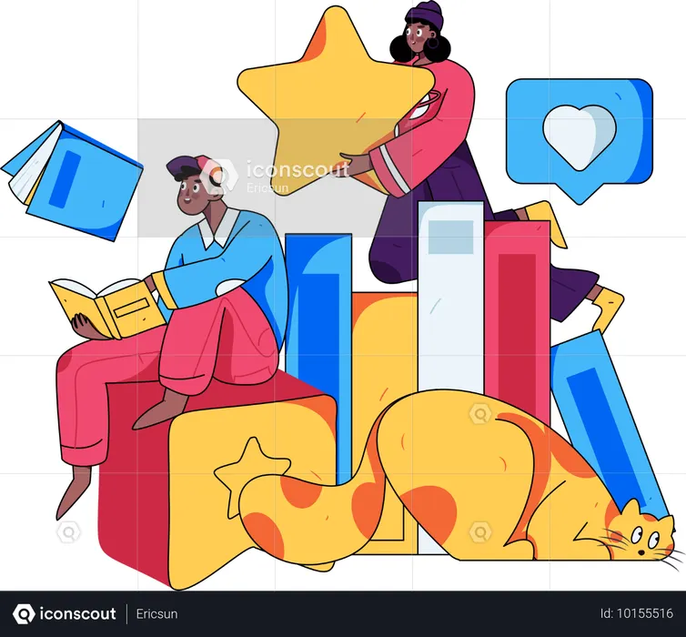 Man reading book while girl holding star  Illustration