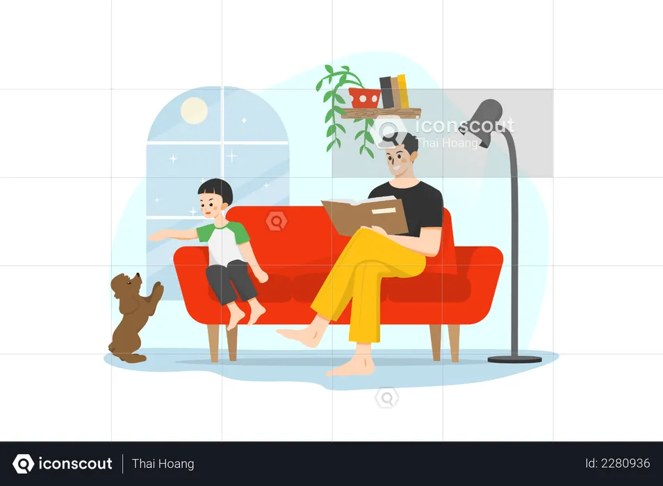 Man reading book while his kid playing with dog  Illustration