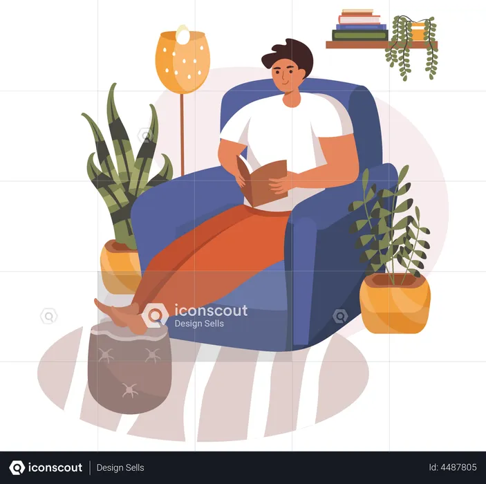 Man reading book while relaxing in couch  Illustration