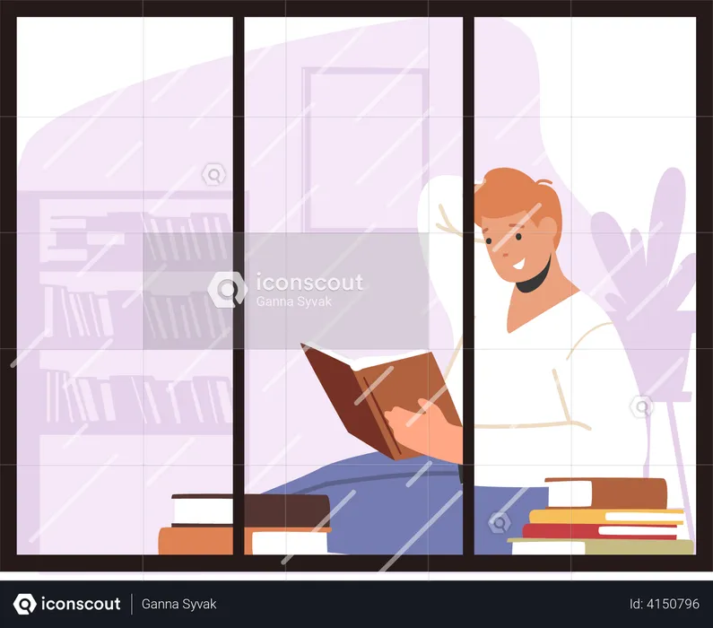 Man reading book while sitting at window  Illustration