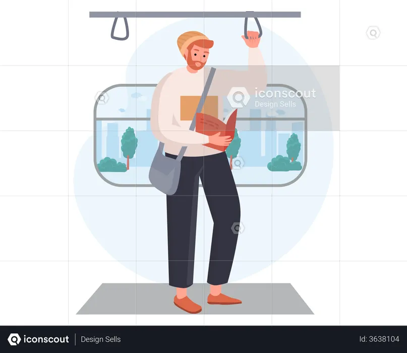 Man reading book while travelling in train  Illustration