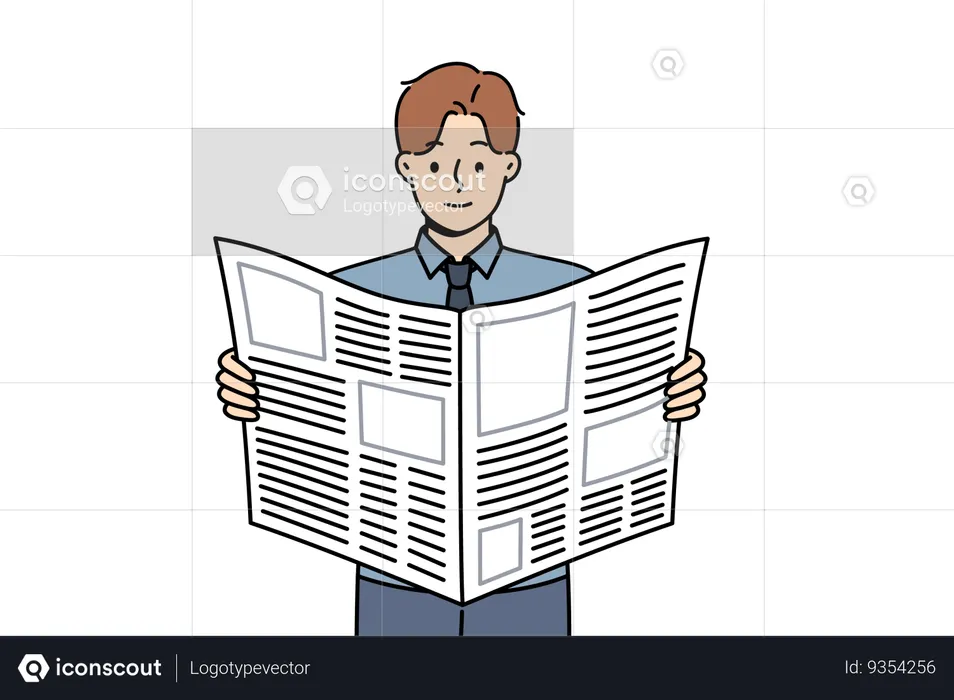 Man reading business newspaper to learn about news from large corporations or looks for job ads  Illustration