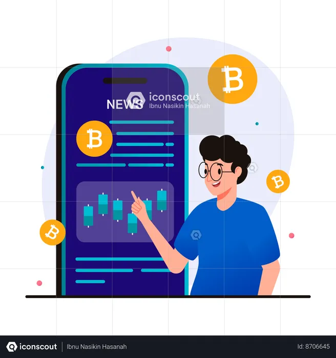 Man reading cryptocurrency news from smartphone  Illustration