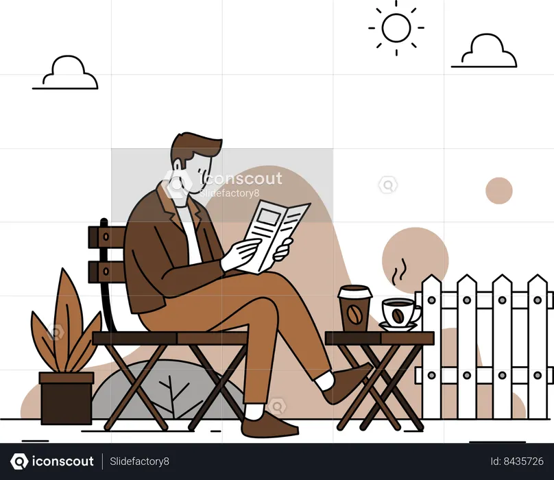 Man reading newspaper while drinking coffee  Illustration