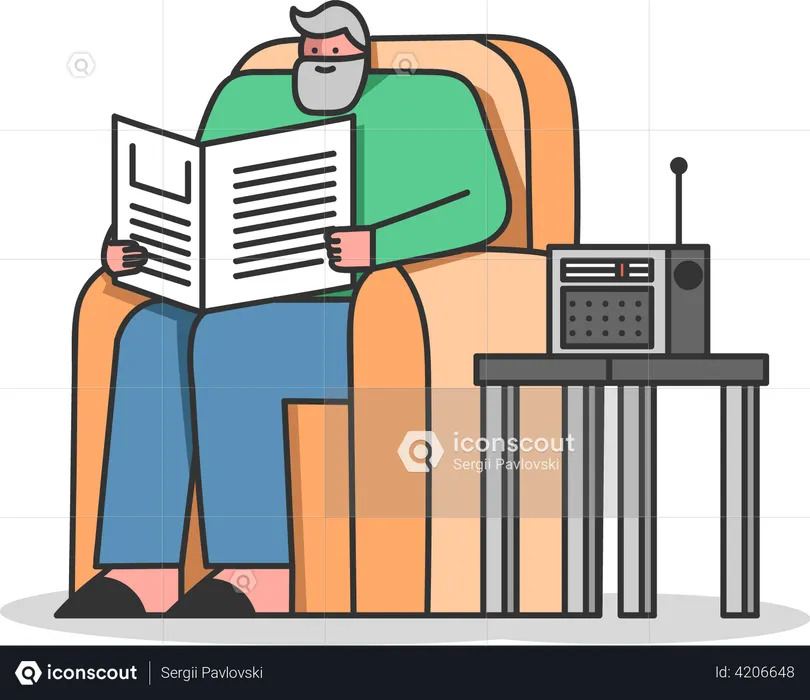 Man reading newspaper while sitting on armchair  Illustration