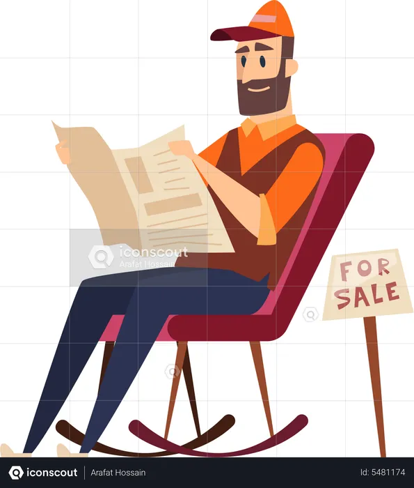 Man reading newspaper while sitting on chair  Illustration