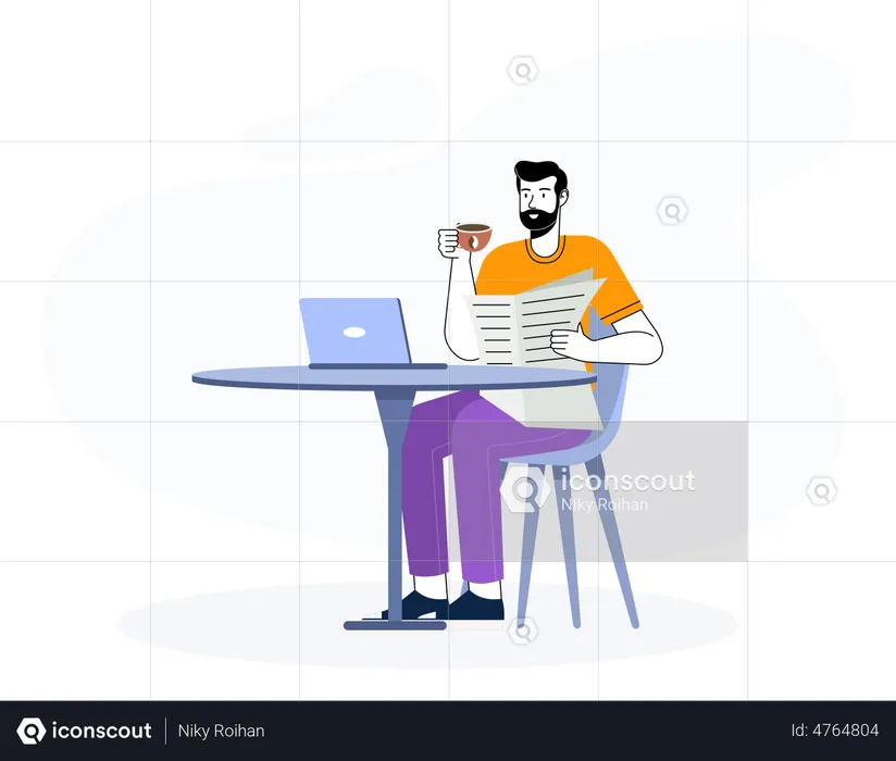 Man reading newspaper with drink coffee and laptop  Illustration