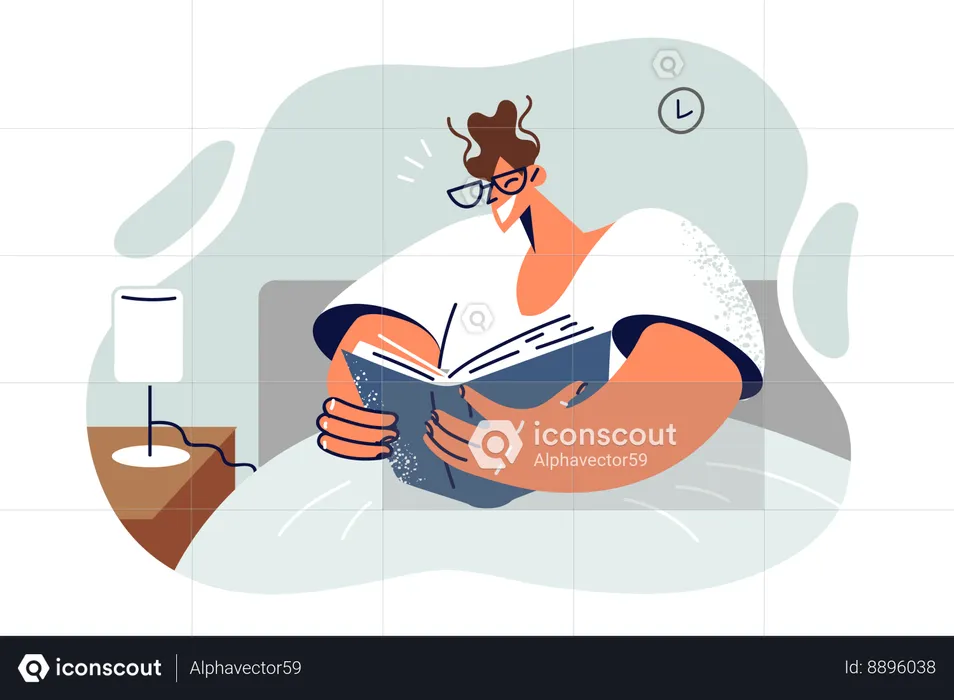 Man reads book sitting in bed before going to sleep and enjoys gaining new knowledge from literature  Illustration