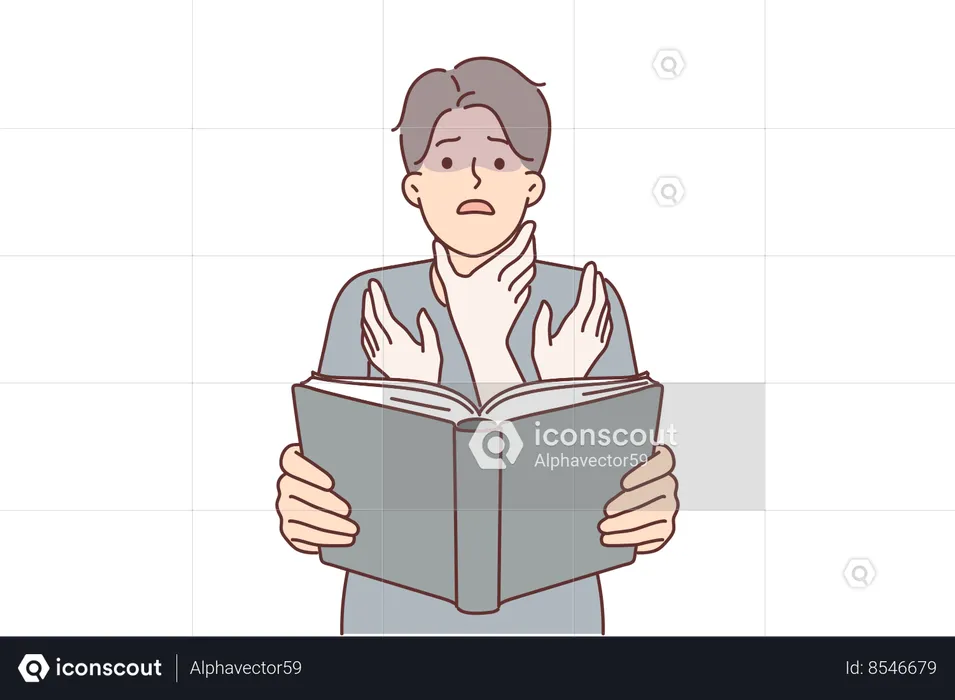 Man reads book with scary story and imagines hands reaching for his neck to choke him  Illustration