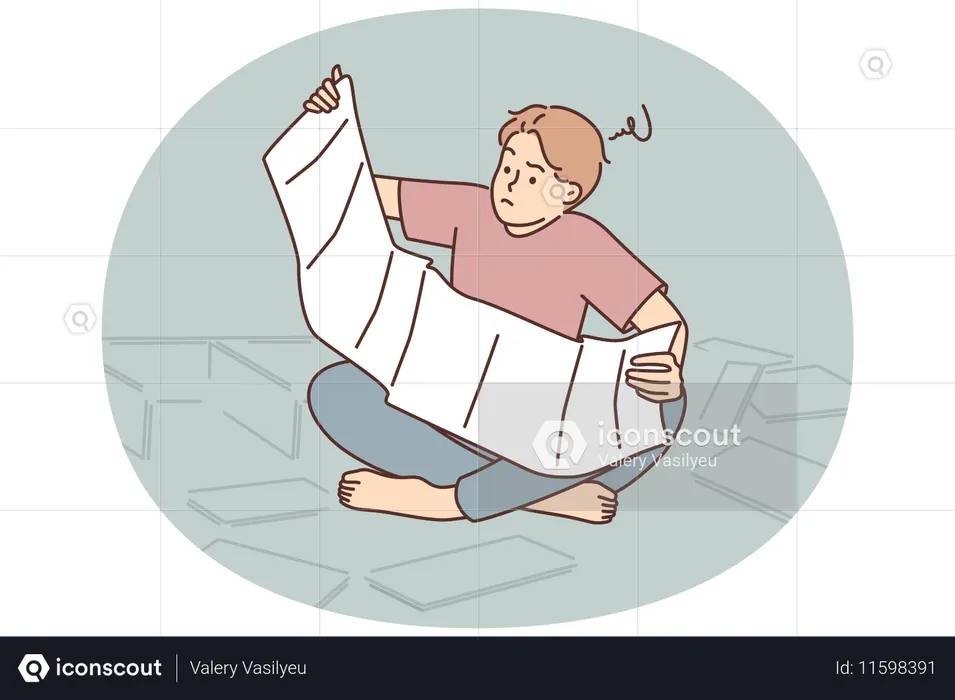 남자는 옷장의 예비 부품들 사이에서 바닥에 앉아 가구 조립 지침을 읽고 있다  일러스트레이션