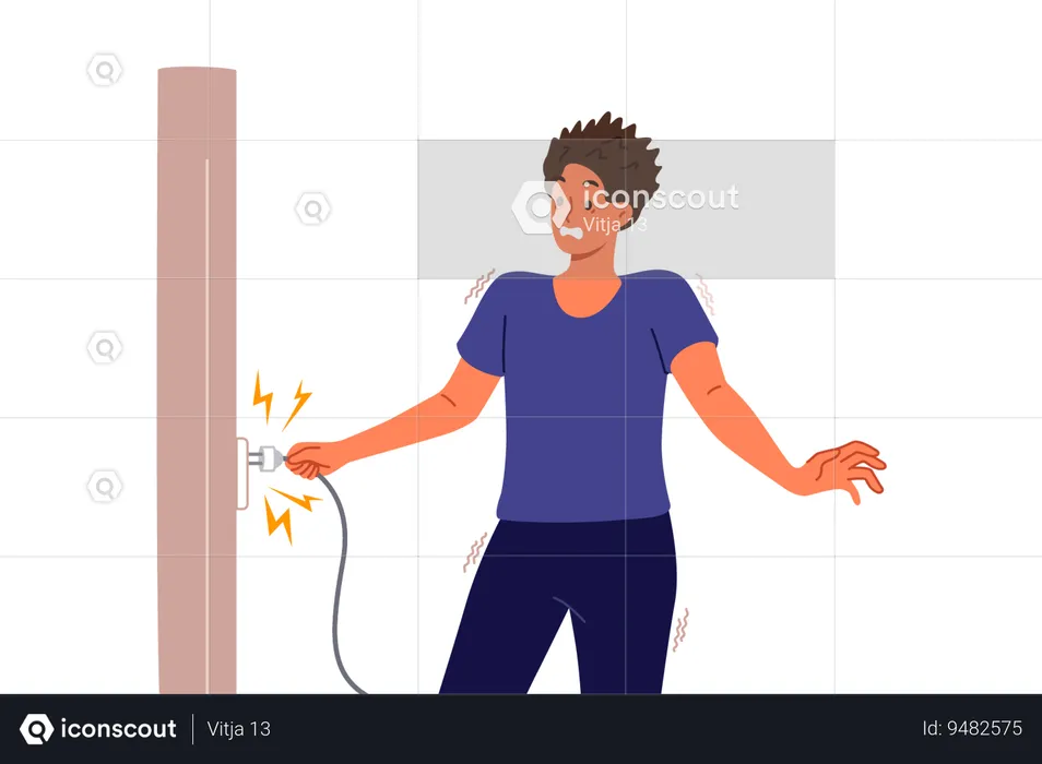 Man receives electric shock when inserts plug into socket due to breakdown of electrical equipment  Illustration