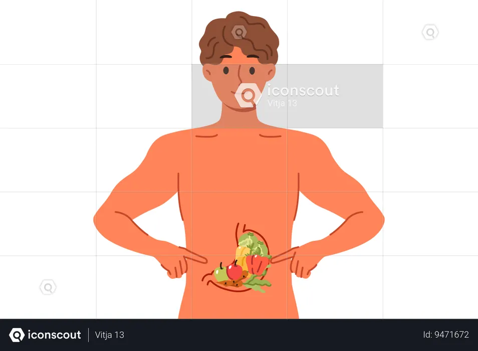 Man recommends healthy diet points to vegetables inside stomach stands with naked torso  Illustration