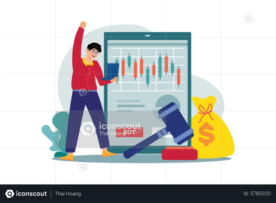 Man rejoices over the profits in the bidding  Illustration