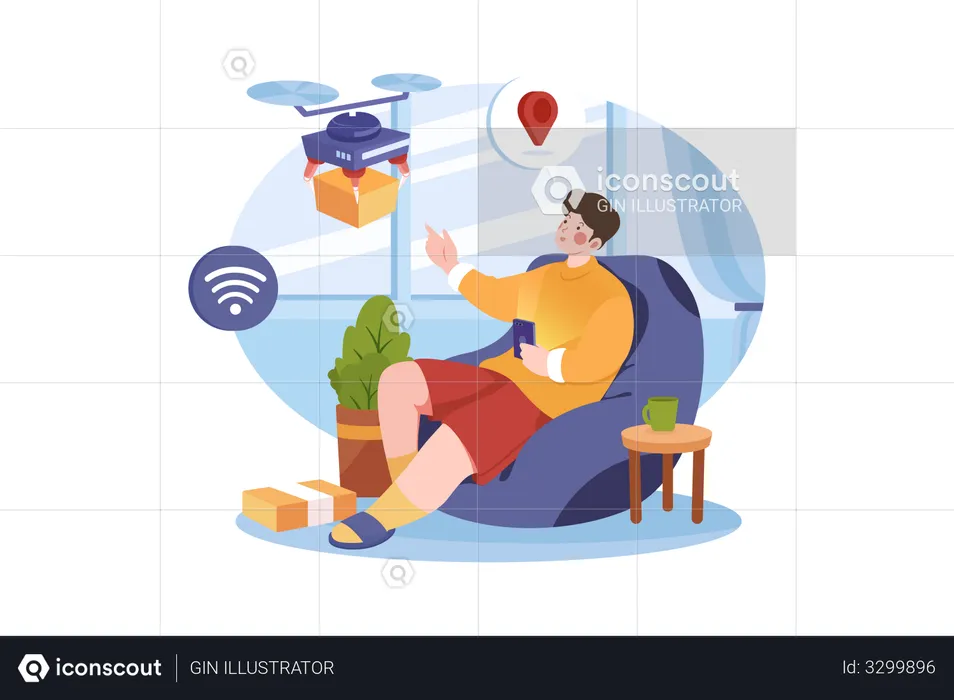 Man relaxing and receive package from drone  Illustration