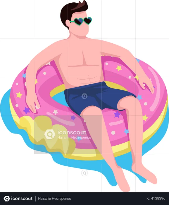 Man relaxing in donut air mattress  Illustration
