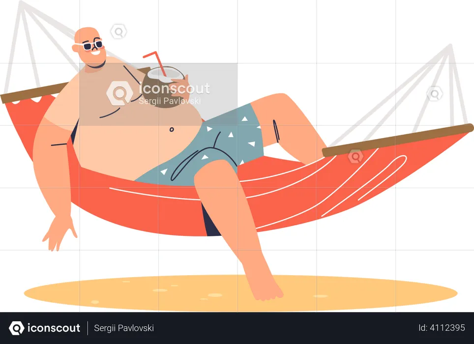 Man relaxing in hammock while drinking coconut juice Illustration