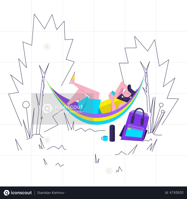 Man relaxing in hammock with cocktail  Illustration