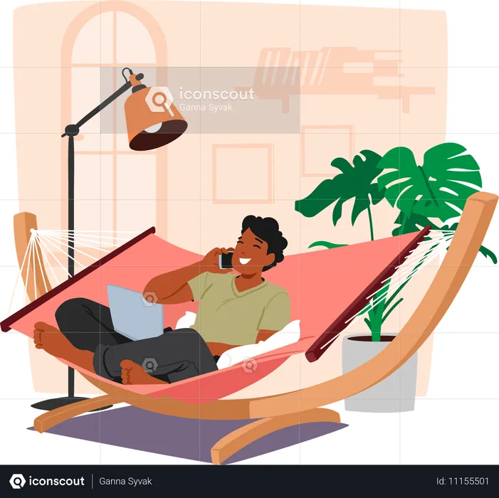 Man Relaxing In Hammock With Laptop And Phone  Illustration