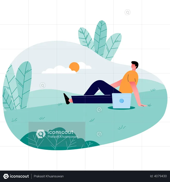Man relaxing in park while working  Illustration
