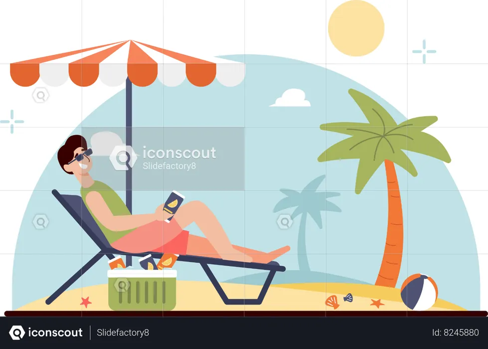 Man Relaxing On at Beach  Illustration
