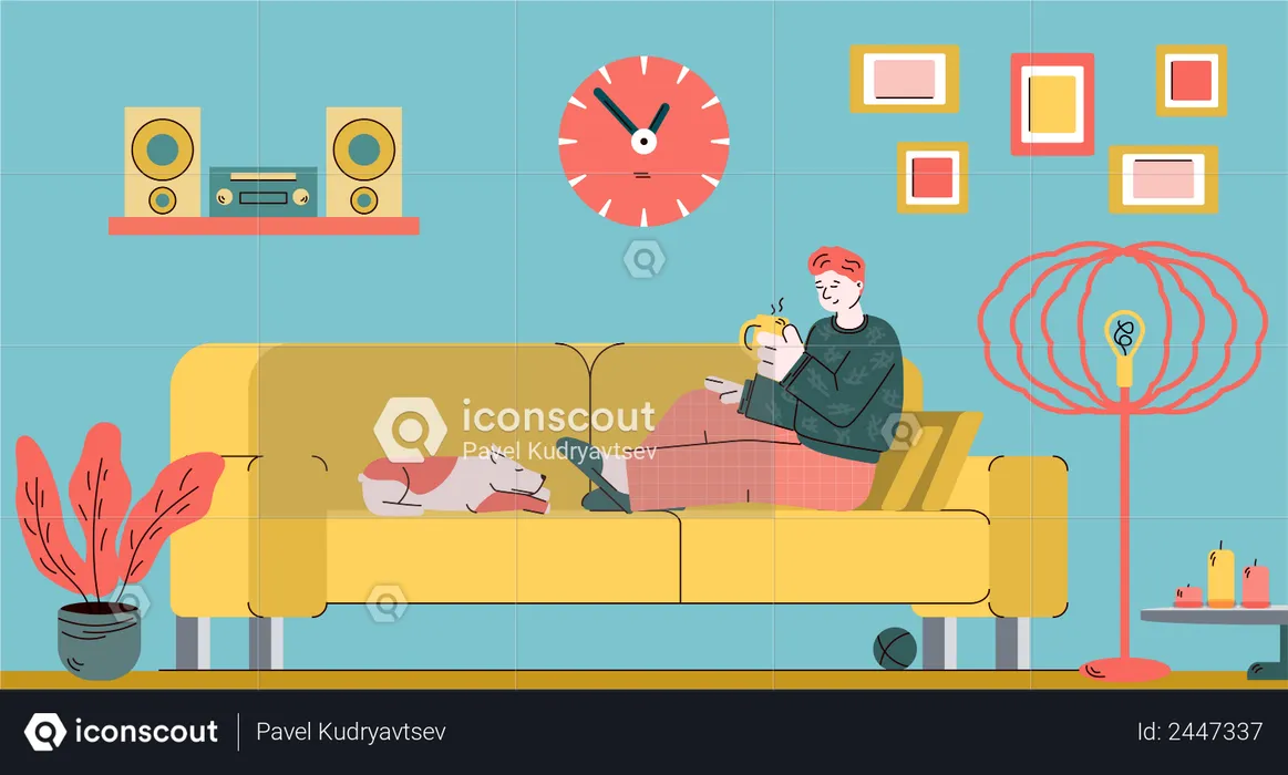 Man relaxing on home sofa with cup of tea and sleeping dog  Illustration