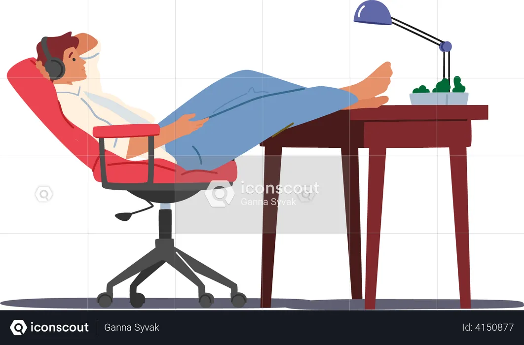 Man relaxing while wearing headphones  Illustration