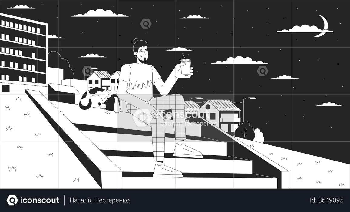 Man Relaxing with pet on stairs at night  Illustration