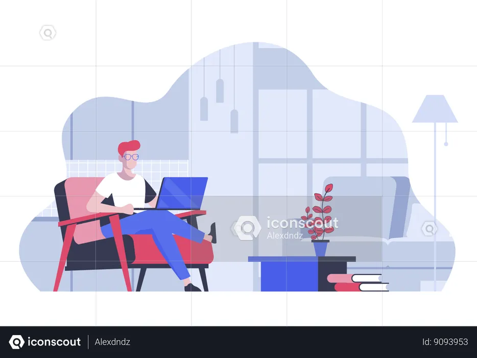 Man Remote worker doing tasks at laptop from comfy condition office  Illustration