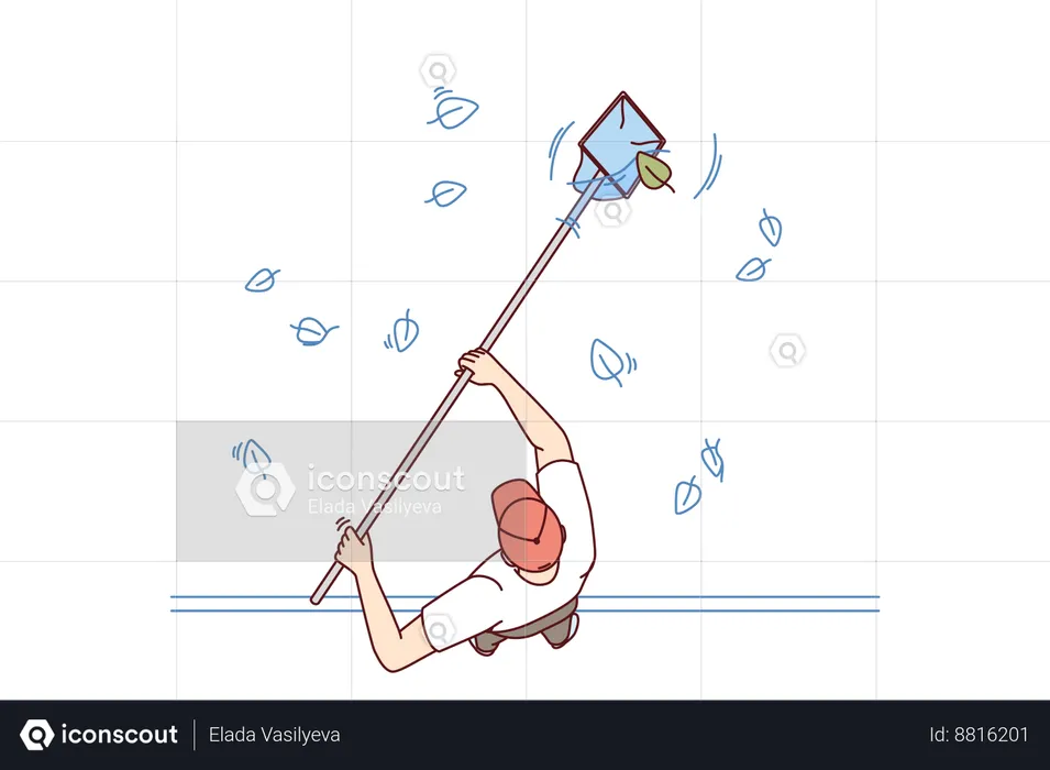 Man removes leaves from pool  Illustration