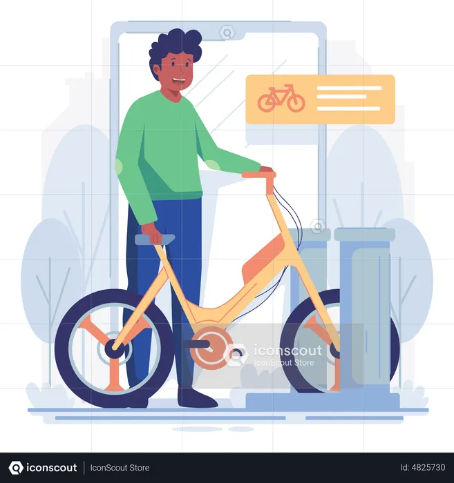 Man renting bike using rental app  Illustration