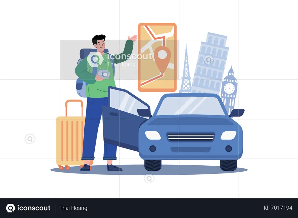 Man rents a car to explore new places  Illustration