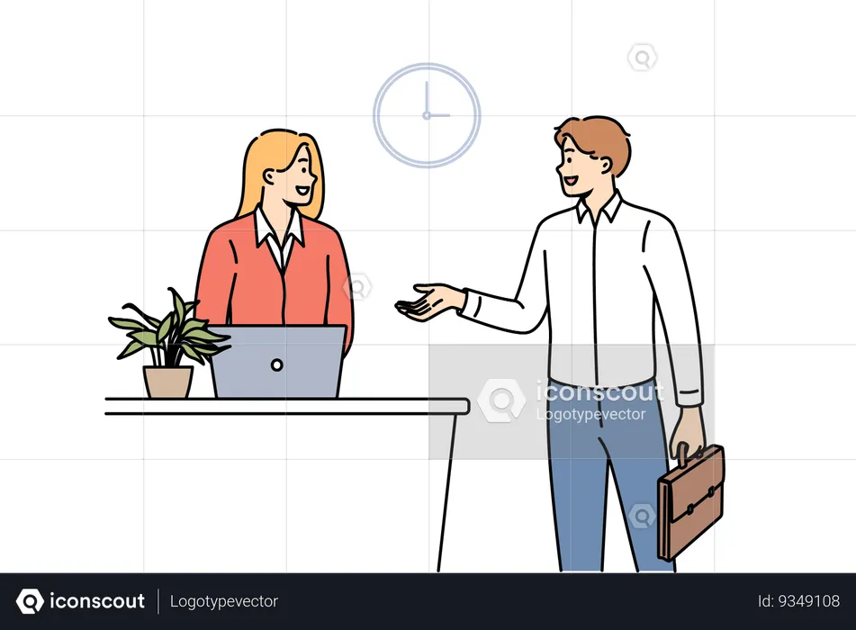 Man rents hotel room while talking to administrator standing near reception desk with laptop  Illustration