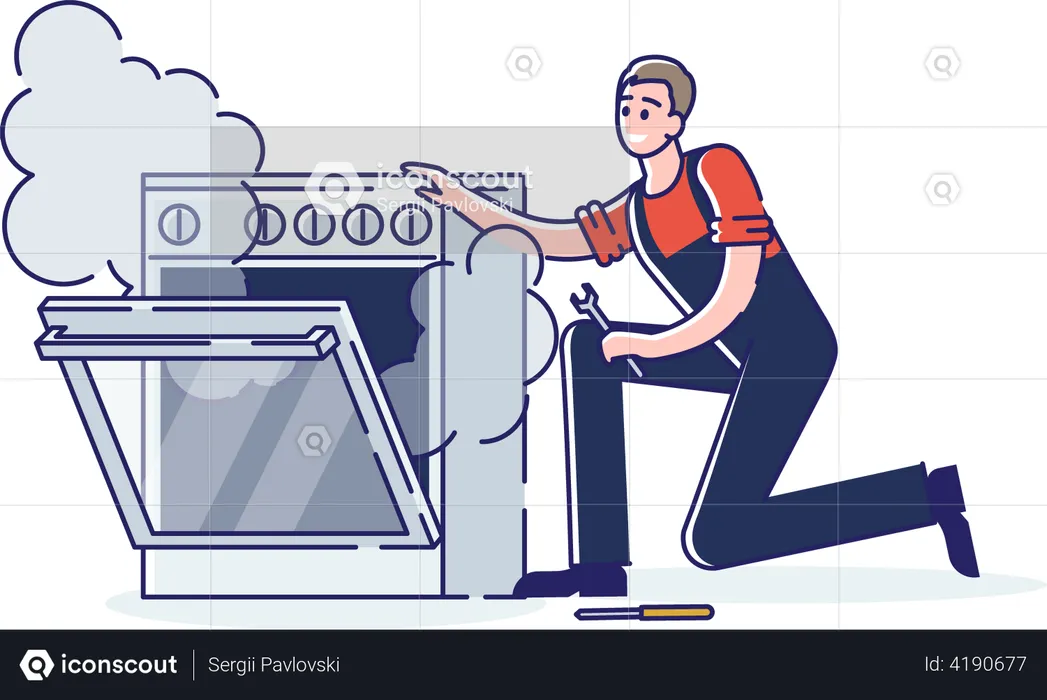 Man Repair Gas Stove Oven At Home  Illustration