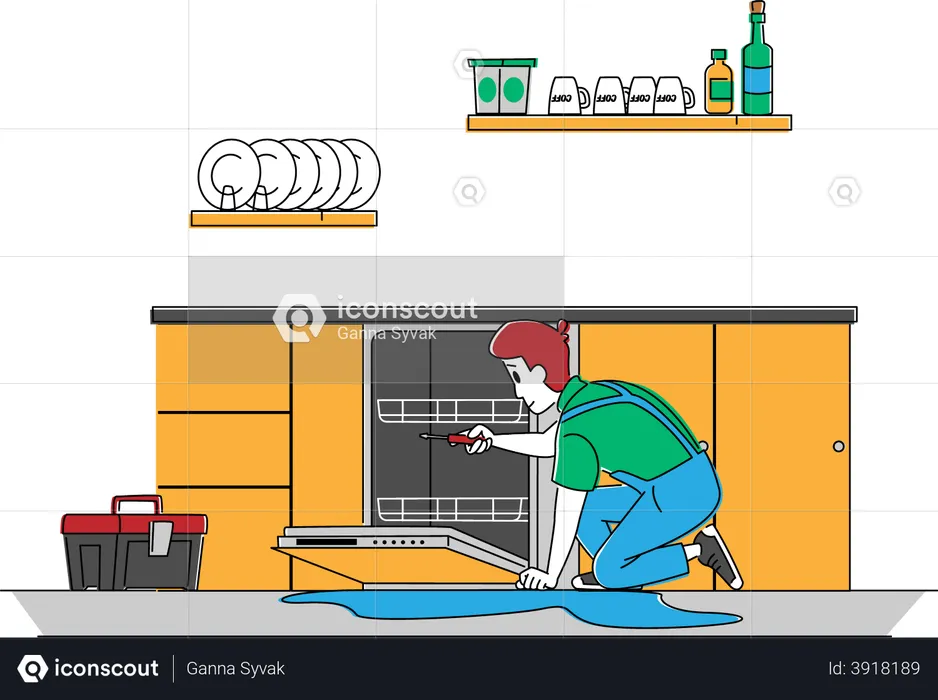 Man Repairing Dishwasher Racks  Illustration