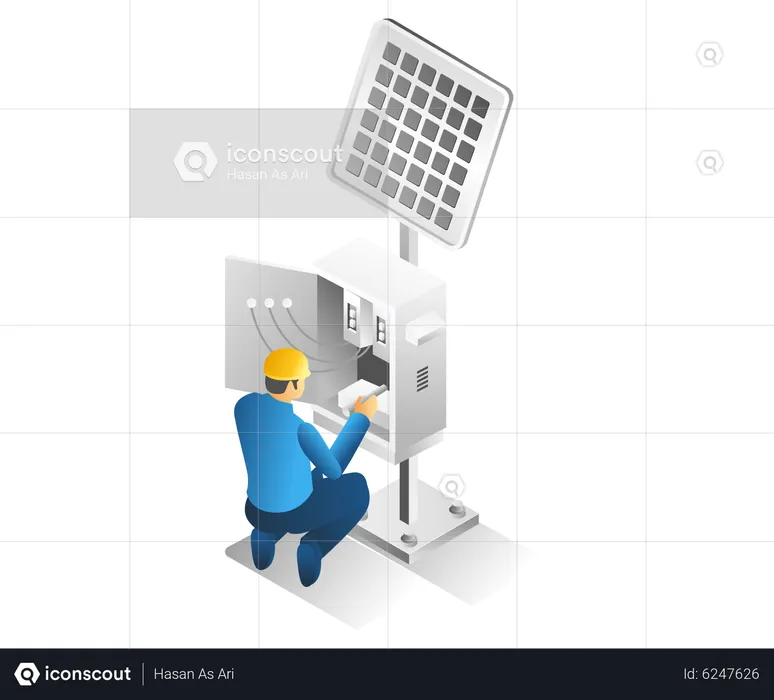 Man repairing solar electric energy panel  Illustration