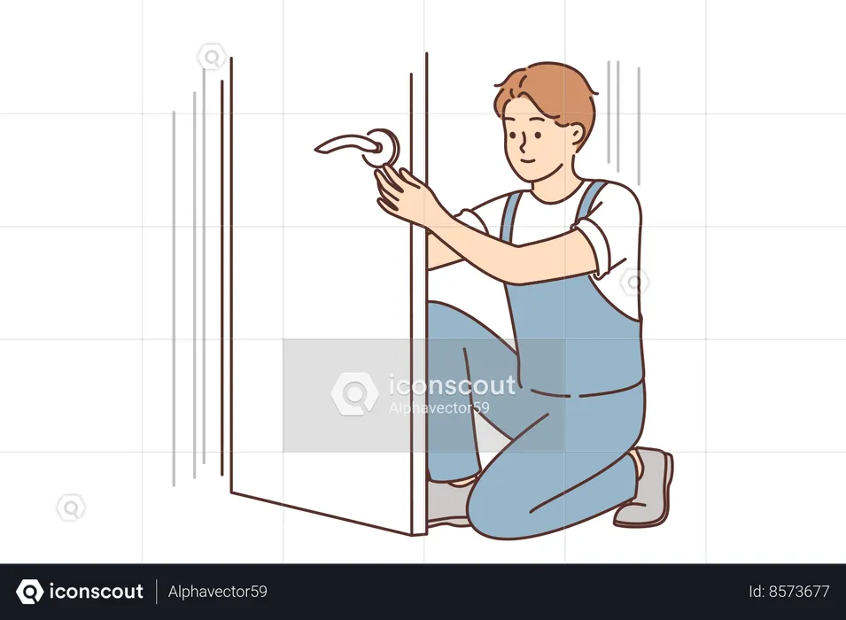 Man repairs door by changing lock  Illustration