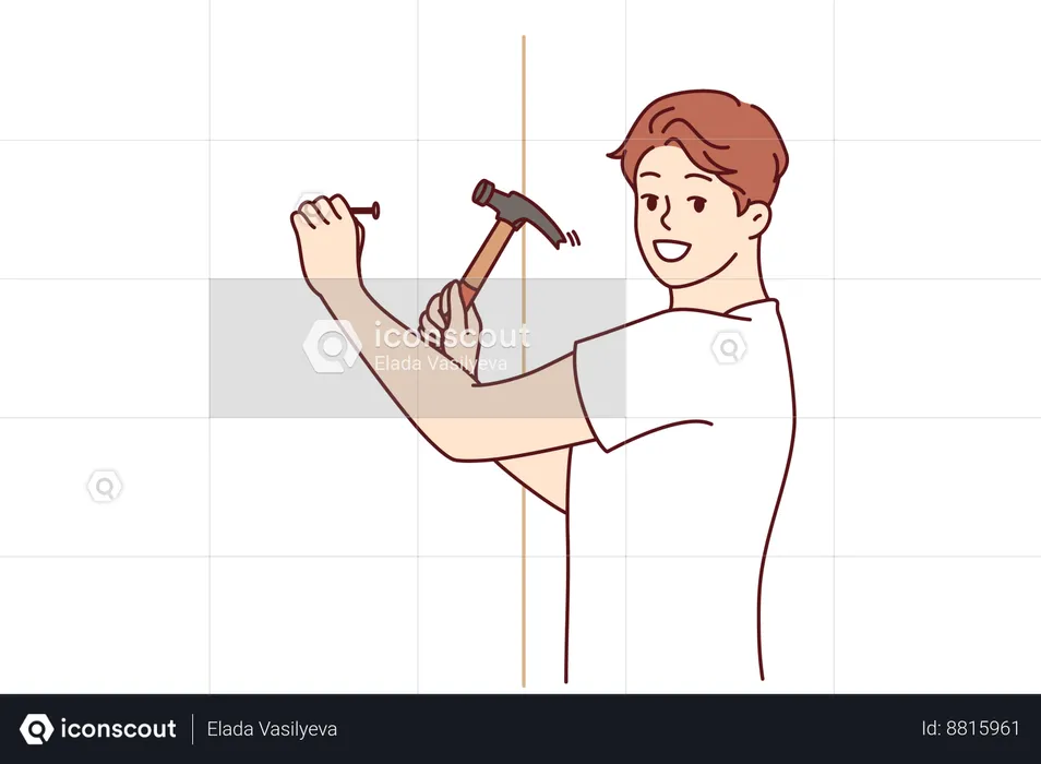Man repairs wall with hammer  Illustration