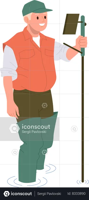 Man researcher character engaged geodetic measurements using tachometer special equipment  Illustration
