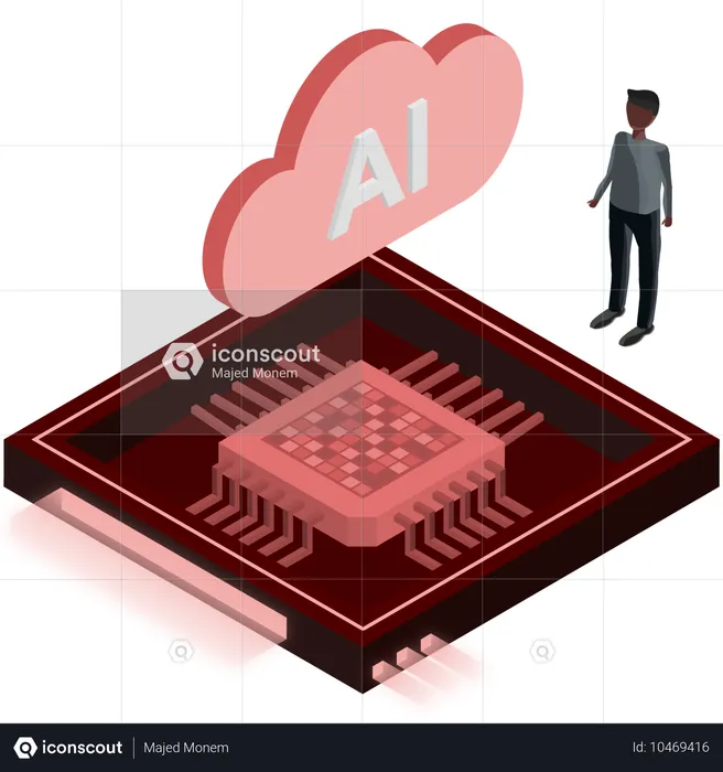 클라우드 AI 칩 설계를 연구하는 남자  일러스트레이션