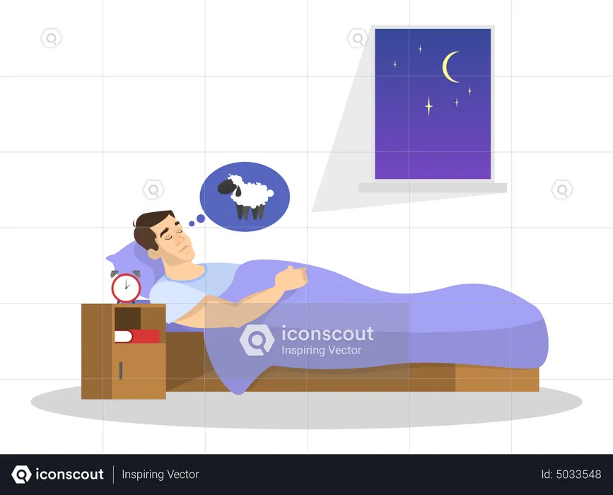 Man rest in the bed on the pillow at night  Illustration