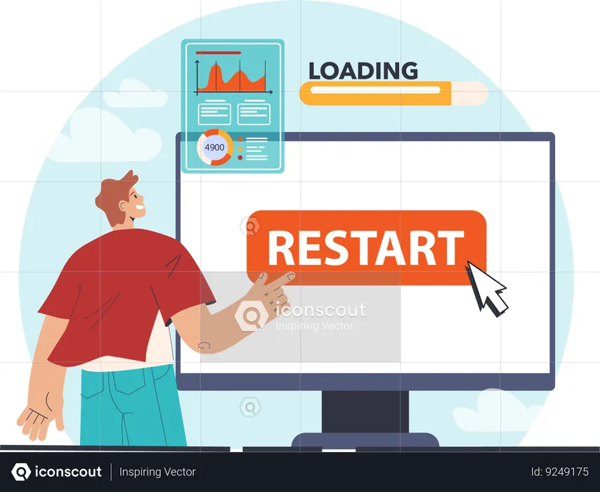 Man restart desktop while loading business report  Illustration