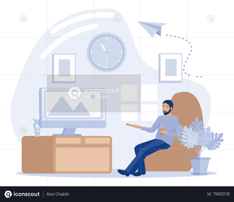 Man resting behind TV at home  Illustration
