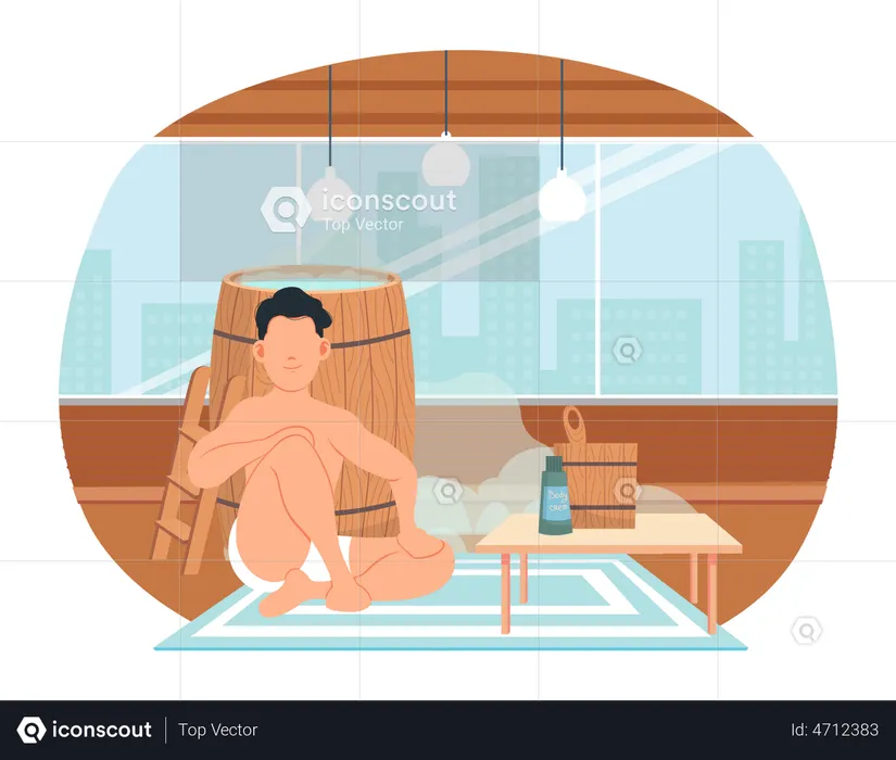 Man resting sitting near wooden tub in apartment  Illustration