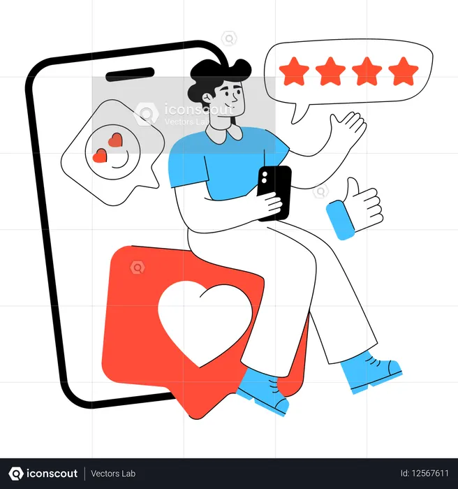ソーシャルメディアのフィードバックをレビューする男性  イラスト